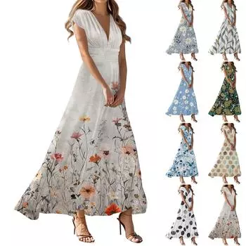 Платье в стиле бохо для женщин, повседневное, свободного кроя, летнее, сарафан с цветочным принтом и карманом XL