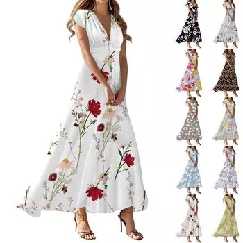 Платье в стиле бохо для женщин, повседневное, свободного кроя, летнее, сарафан с цветочным принтом и карманом XXL красный