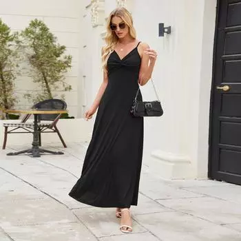 Платье в стиле бохо с коротким рукавом для женщин, повседневное, свободного кроя, летнее, сарафан с цветочным принтом и карманами L чёрный