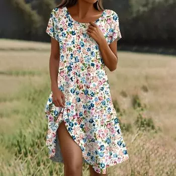 Платье в стиле бохо с коротким рукавом для женщин, повседневное, свободного кроя, летнее, сарафан с цветочным принтом и карманами L бежевый
