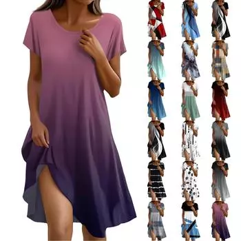 Платье в стиле бохо с коротким рукавом для женщин, повседневное, свободного кроя, летнее, сарафан с цветочным принтом и карманами L чёрный