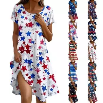 Платье в стиле бохо с коротким рукавом для женщин, повседневное, свободного кроя, летнее, сарафан с цветочным принтом и карманами M синий