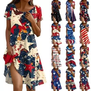 Платье в стиле бохо с коротким рукавом для женщин, повседневное, свободного кроя, летнее, сарафан с цветочным принтом и карманами S синий