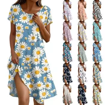 Платье в стиле бохо с коротким рукавом для женщин, повседневное, свободного кроя, летнее, сарафан с цветочным принтом и карманами XXL чёрный