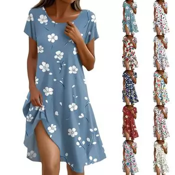 Платье в стиле бохо с коротким рукавом для женщин, повседневное, свободного кроя, летнее, сарафан с цветочным принтом и карманами XL розовый