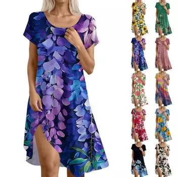 Платье в стиле бохо с коротким рукавом для женщин, повседневное, свободного кроя, летнее, сарафан с цветочным принтом и карманами L чёрный