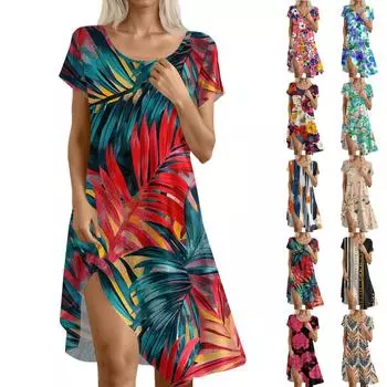 Платье в стиле бохо с коротким рукавом для женщин, повседневное, свободного кроя, летнее, сарафан с цветочным принтом и карманами L бежевый