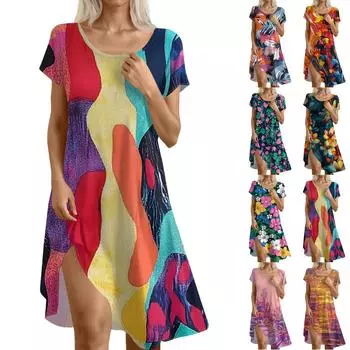 Платье в стиле бохо с коротким рукавом для женщин, повседневное, свободного кроя, летнее, сарафан с цветочным принтом и карманами L синий