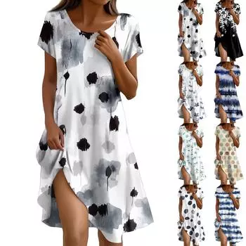 Платье в стиле бохо с коротким рукавом для женщин, повседневное, свободного кроя, летнее, сарафан с цветочным принтом и карманами L чёрный