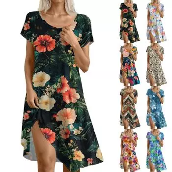 Платье в стиле бохо с коротким рукавом для женщин, повседневное, свободного кроя, летнее, сарафан с цветочным принтом и карманами L бежевый