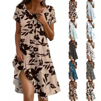 Платье в стиле бохо с коротким рукавом для женщин, повседневное, свободного кроя, летнее, сарафан с цветочным принтом и карманами L чёрный