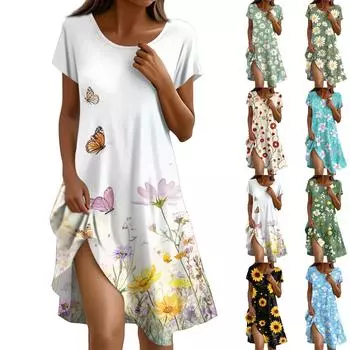 Платье в стиле бохо с коротким рукавом для женщин, повседневное, свободного кроя, летнее, сарафан с цветочным принтом и карманами L бежевый