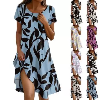 Платье в стиле бохо с коротким рукавом для женщин, повседневное, свободного кроя, летнее, сарафан с цветочным принтом и карманами L бежевый