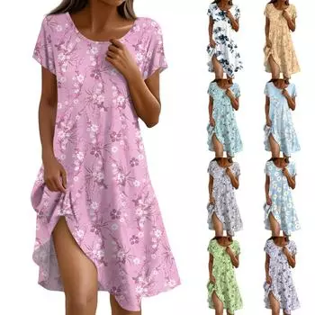 Платье в стиле бохо с коротким рукавом для женщин, повседневное, свободного кроя, летнее, сарафан с цветочным принтом и карманами L синий