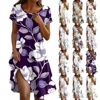 Платье в стиле бохо с коротким рукавом для женщин, повседневное, свободного кроя, летнее, сарафан с цветочным принтом и карманами M хаки