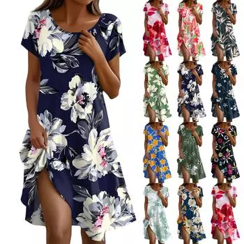 Платье в стиле бохо с коротким рукавом для женщин, повседневное, свободного кроя, летнее, сарафан с цветочным принтом и карманами S хаки