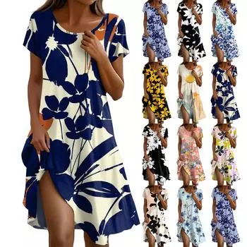 Платье в стиле бохо с коротким рукавом для женщин, повседневное, свободного кроя, летнее, сарафан с цветочным принтом и карманами M чёрный