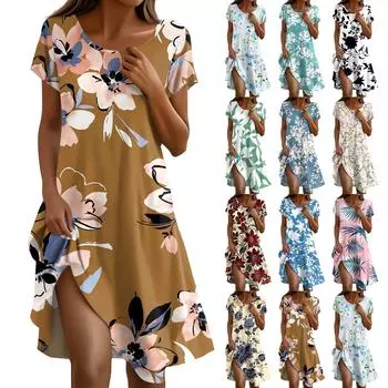 Платье в стиле бохо с коротким рукавом для женщин, повседневное, свободного кроя, летнее, сарафан с цветочным принтом и карманами L тёмно-синий