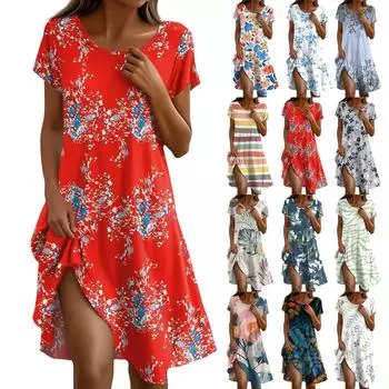 Платье в стиле бохо с коротким рукавом для женщин, повседневное, свободного кроя, летнее, сарафан с цветочным принтом и карманами L синий