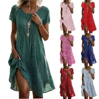 Платье в стиле бохо с коротким рукавом для женщин, повседневное, свободного кроя, летнее, сарафан с цветочным принтом и карманами L синий