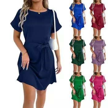 Платье в стиле бохо с коротким рукавом для женщин, повседневное, свободного кроя, летнее, сарафан с цветочным принтом и карманами L синий