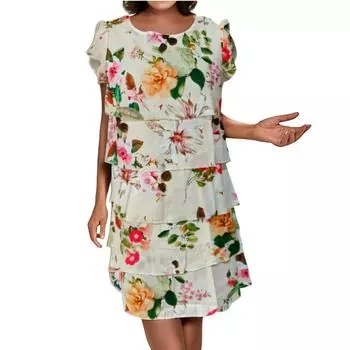 Платье в стиле бохо с короткими рукавами для женщин, повседневное, свободного кроя, летнее, сарафанное, с принтом XL бежевый