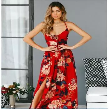 Платье в стиле бохо с принтом, пляжное, с высокой талией, с бретелью через шею, длинное платье S красный