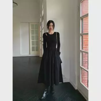 Платье в стиле Хепберн с длинными рукавами и ажурным трикотажем для женщин — новая облегающая модель весна/осень Small чёрный