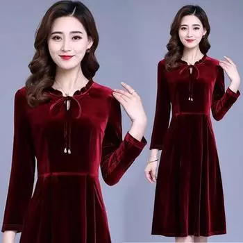 Платье в стиле иностранного стиля из золотого бархата, весна, осень, зима, юбка средней и длинной длины, юбка-чеонгсам для мамы, юбка длиной выше колена S