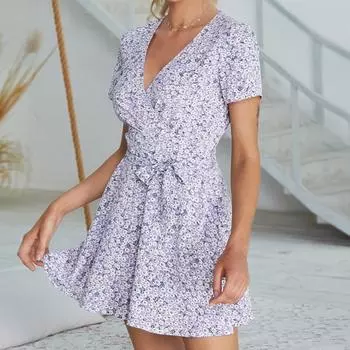 Платье в стиле отпуска с цветочным принтом и коротким рукавом с V-образным вырезом, летнее осеннее шифоновое платье