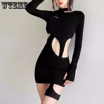 Платье в стиле пэчворк с длинными рукавами, однотонное, с дизайном Sense Hollow Fit, комплект из двух частей, аккуратная юбка с запахом на бедрах, сексуальные чистые сексуальные платья S чёрный