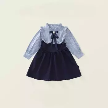 Платье в стиле преппи для девочек, весна-осень 2024, детские полосатые платья контрастного цвета с длинными рукавами, официальная одежда для студентов 6T синий