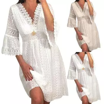 Платье в стиле принцессы с открытыми плечами, кружевное платье на бретельках, повседневное однотонное платье свободного кроя M бежевый