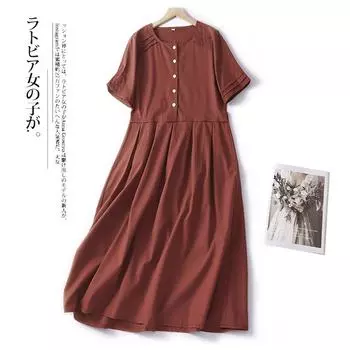 Платье в стиле ретро из хлопка и льна с короткими рукавами, летнее женское однобортное платье с высокой талией, свободное и тонкое, средней и длинной длины, модель 2025 года M зелёный