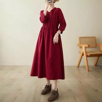 Платье в стиле ретро из жаккарда из хлопка и льна для женщин, весна-осень 2025 года, новое свободное длинное платье с V-образным вырезом и шнуровкой на талии, юбка-низ M тёмно-синий
