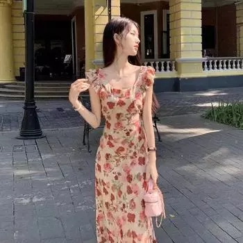 Платье в стиле ретро с цветочным принтом во французском стиле, летнее женское, новое, с рукавами-крылышками, обтягивающее, с талией, длинное, с посадкой по фигуре S красный