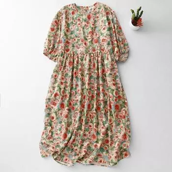 Платье в стиле ретро с масляной живописью, женское, лето 2025, новое свободное платье Mori с рукавами-пузырями и цветочным принтом M