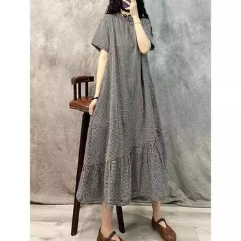 Платье в стиле ретро с пряжкой в китайском стиле из высококачественного хлопка и льна с диагональю, женское летнее новое свободное повседневное платье большого размера M