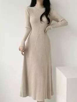 Платье в стиле ретро с высоким воротом и утолщенной основой для женщин, осенне-зимнее, с высокой талией, длинное трикотажное платье, модный дизайн, повседневная одежда S молочный белый