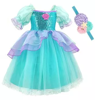 Платье в стиле русалки для детей Ариэль, светло-голубое, для детей Ариэль, идеально подходит для подарка [TYHTYM], детское платье, (Маленький + Повязка на голову) 2 шт