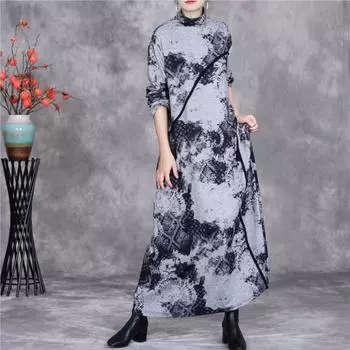 Платье в стиле винтаж с принтом Johnature и длинными рукавами, облегающее, женское, осеннее, нестандартное, с длинными рукавами, в китайском стиле One Size