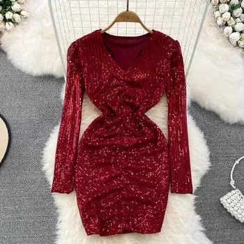 Платье в светском стиле, модное женское платье с v-образным вырезом и талией, облегающее тело, с блестками