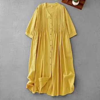 Платье-веер из хлопка и льна, женское, лето 2025, новое, с V-образным вырезом, рукавами семь четвертей, плиссированным кардиганом, юбкой длиной до колена M