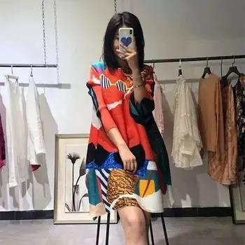 Платье весна/лето с круглым вырезом для похудения, платье большого размера со складками, закрывающими живот, топы средней длины с семиточечными рукавами и принтом M красный