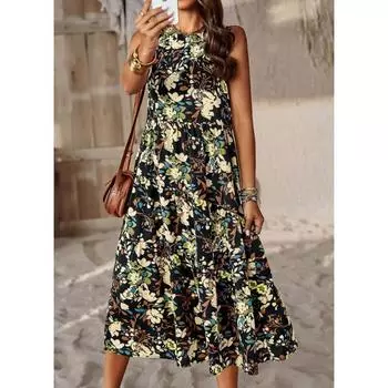 Платье, весна-лето, свободная юбка для отдыха с халтер-воротником для женщин S
