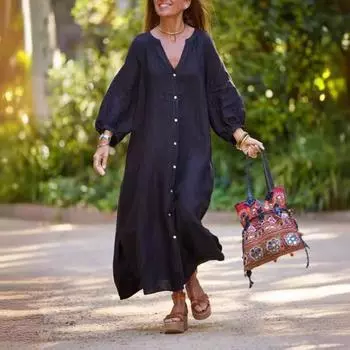 Платье весна-осень на пуговицах с рукавами три четверти, свободное платье макси, однотонный кардиган с V-образным вырезом S чёрный