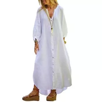 Платье весна-осень на пуговицах с рукавами три четверти, свободное макси-платье Pure Color V S белый