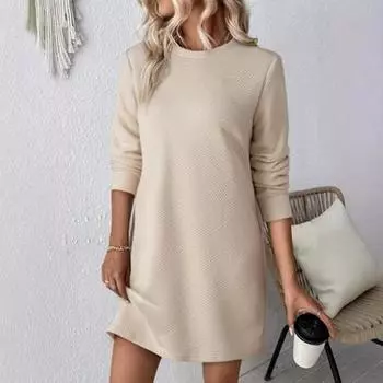 Платье весна-осень с фактурными длинными рукавами и круглым вырезом, однотонное свободное прямое мини-платье, короткое платье-пуловер для поездок на работу, свиданий, путешествий S чёрный