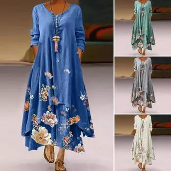 Платье весна-осень с карманами, винтажный цветочный принт, неровный многослойный подол, свободное платье макси А-силуэта для повседневной работы и вечеринки M белый