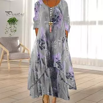 Платье весна-осень с карманами, винтажным цветочным принтом, V-образным вырезом, неровным многослойным подолом, свободное платье макси А-силуэта для повседневной работы и вечеринки S серый